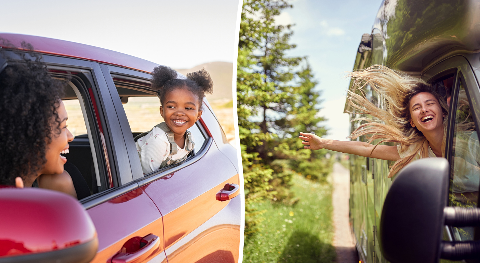 Woman and child smiling in car, woman smiling outside RV window