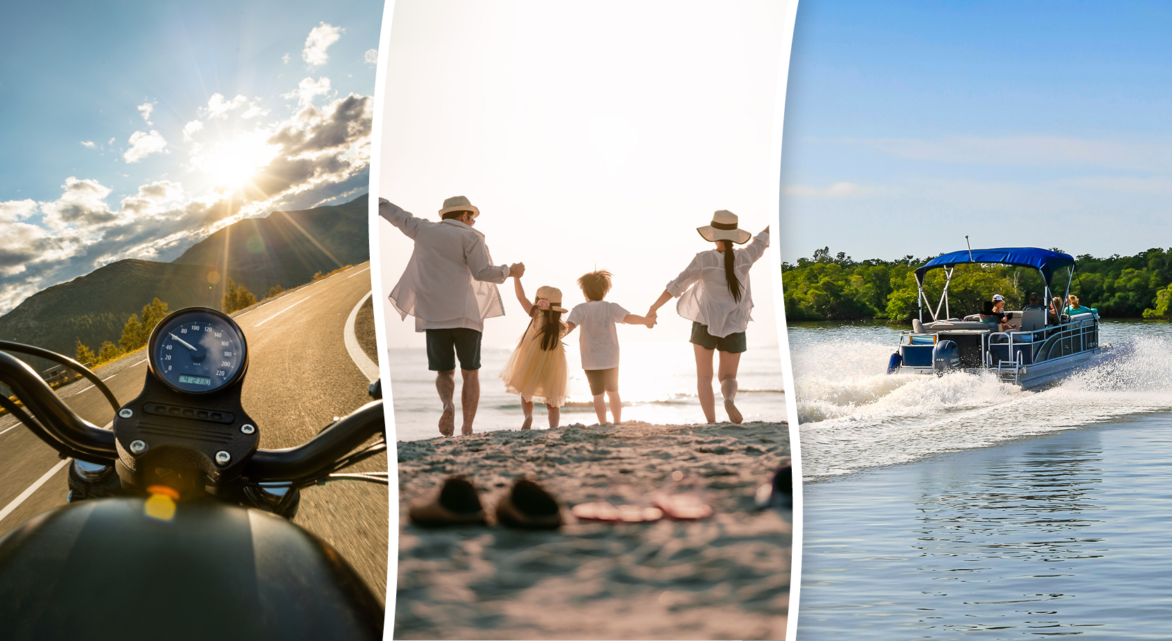 Motorcycle, family on beach, boat
