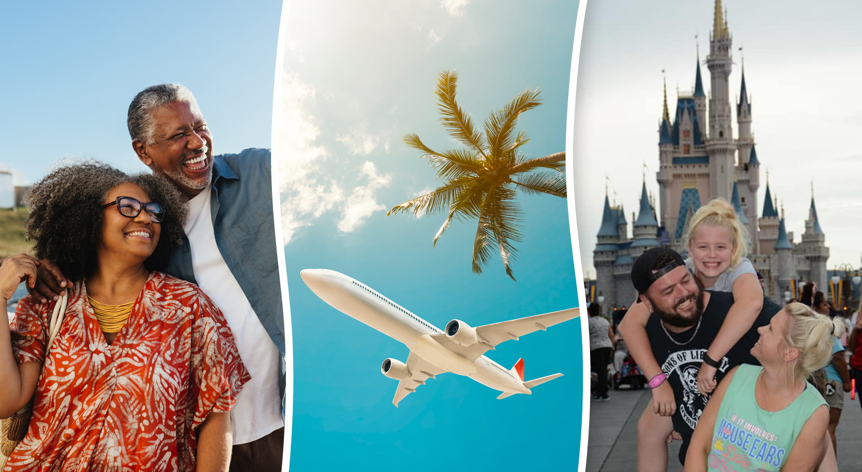 Couple smiling, airplane, and family at Disney